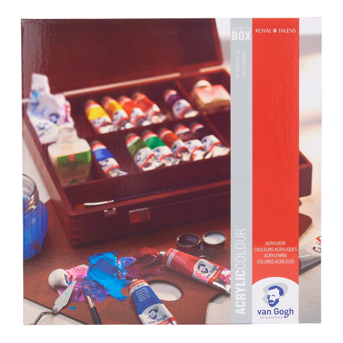 Van Gogh Coffret Inspiration de peintures acryliques avec 14 couleurs et accessoires en caisse en bois Van Gogh Coffret Inspiration de peintures acryliques avec 14 couleurs et accessoires en caisse en bois